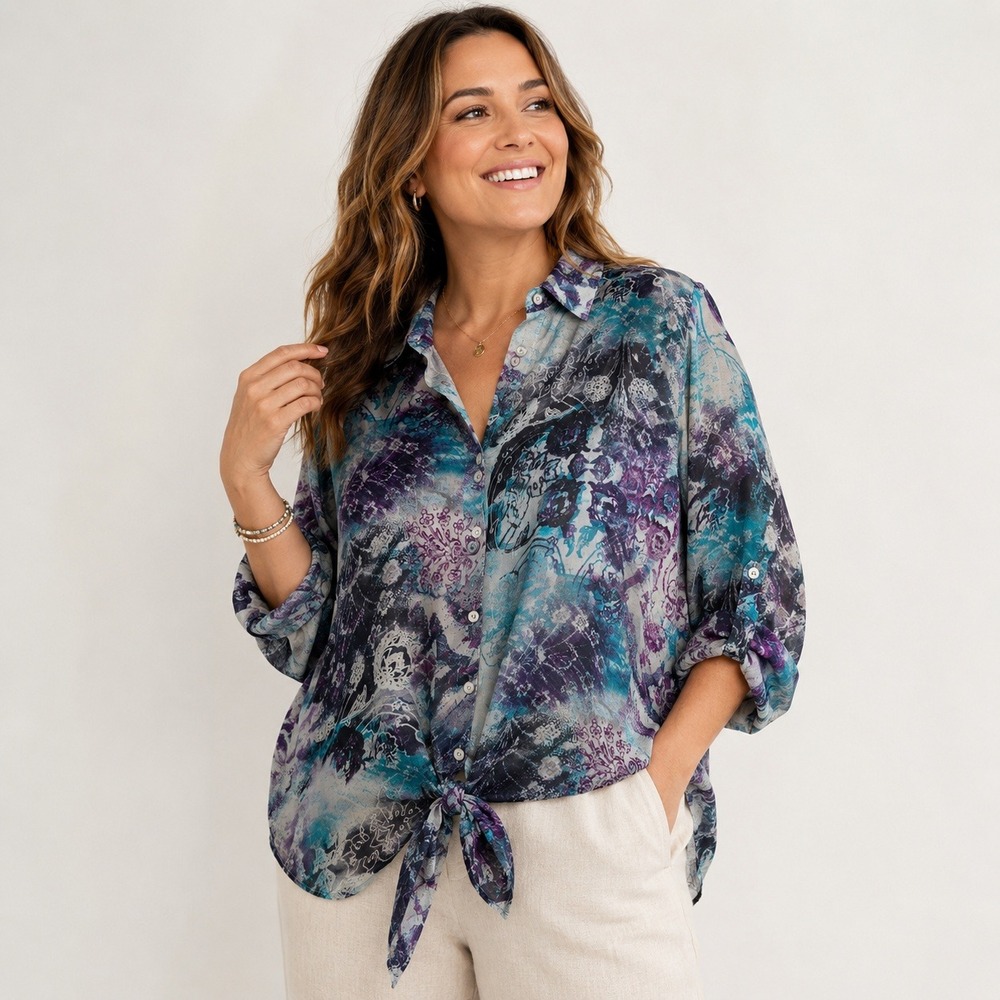 Chicos Abstract Paisley Metallic Stripe Tie Front Roll Tab Sleeve Blouse Purple
